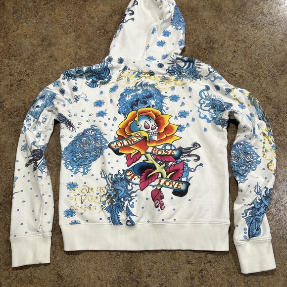 Y2k Vintage Ed Hardy By Christian Audigier Hoodie Women's Small AOP Rare - Picture 3 of 5